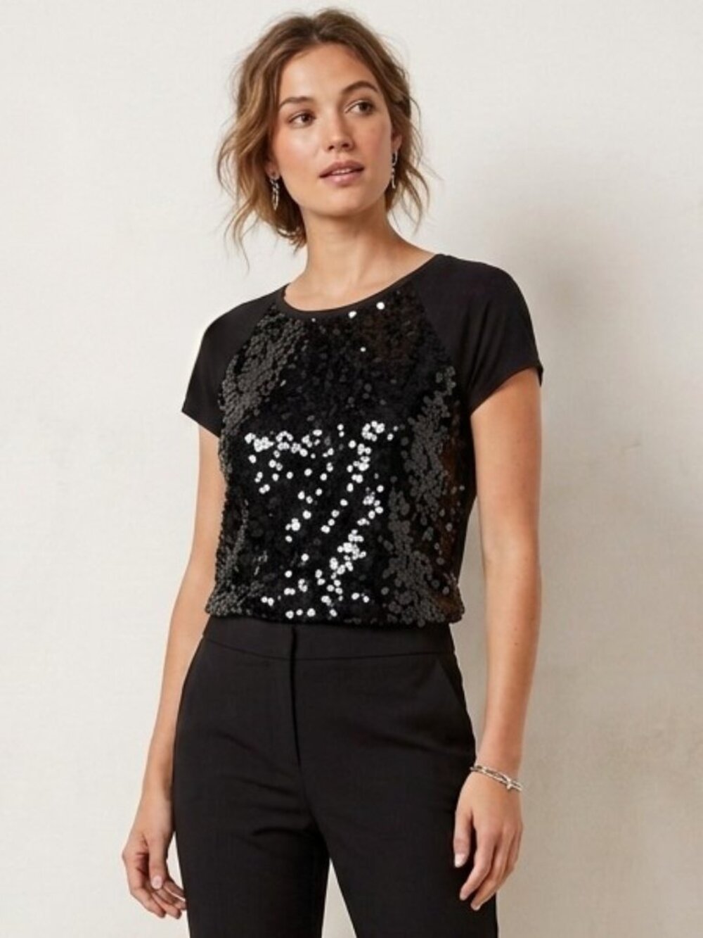 LOFT Black Sequin Short Sleeve Mixed Media Raglan Top - Size XS
